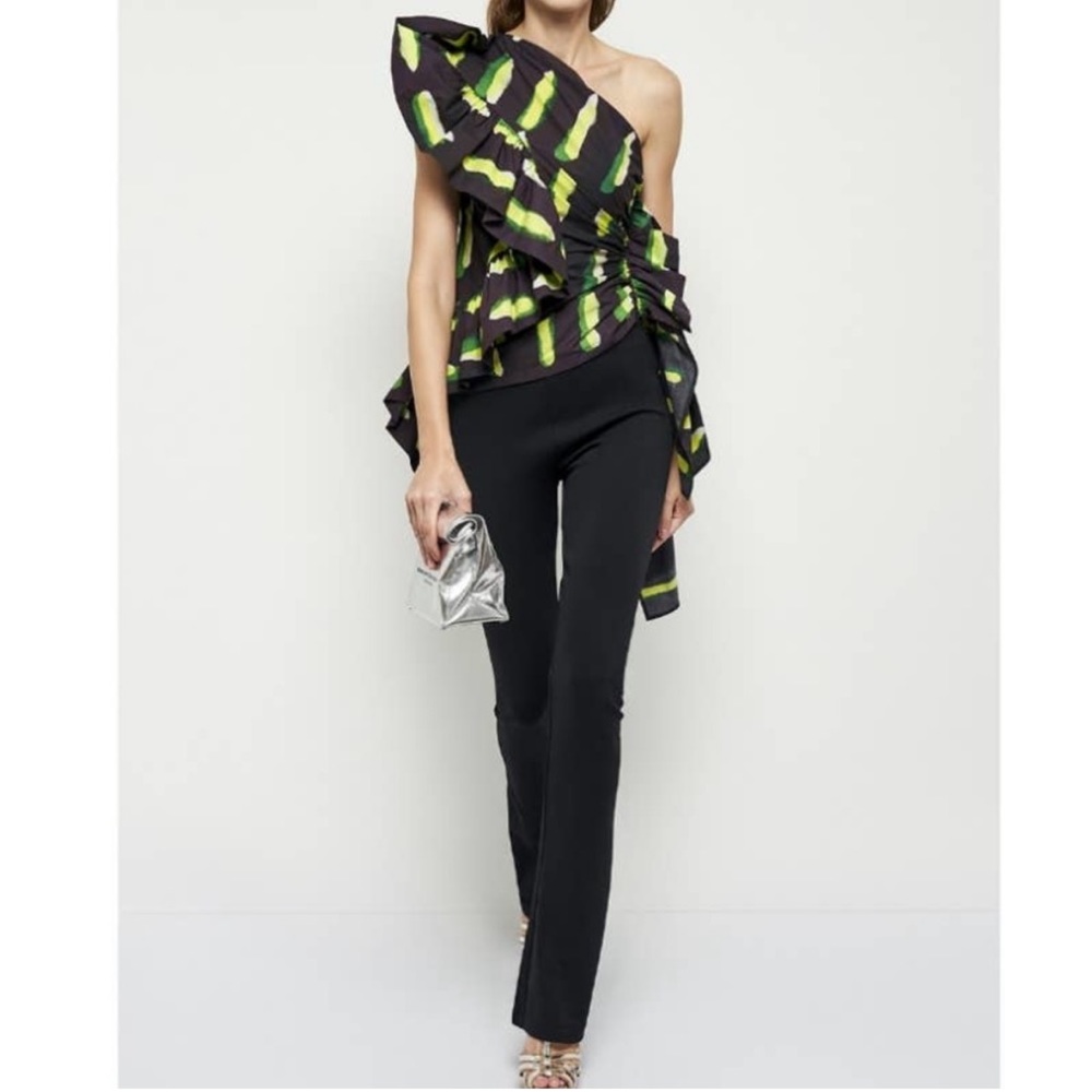 Dries van Noten Len Lye printed Off the Shoulder Ruffled Trim Top — US 4/EU 36